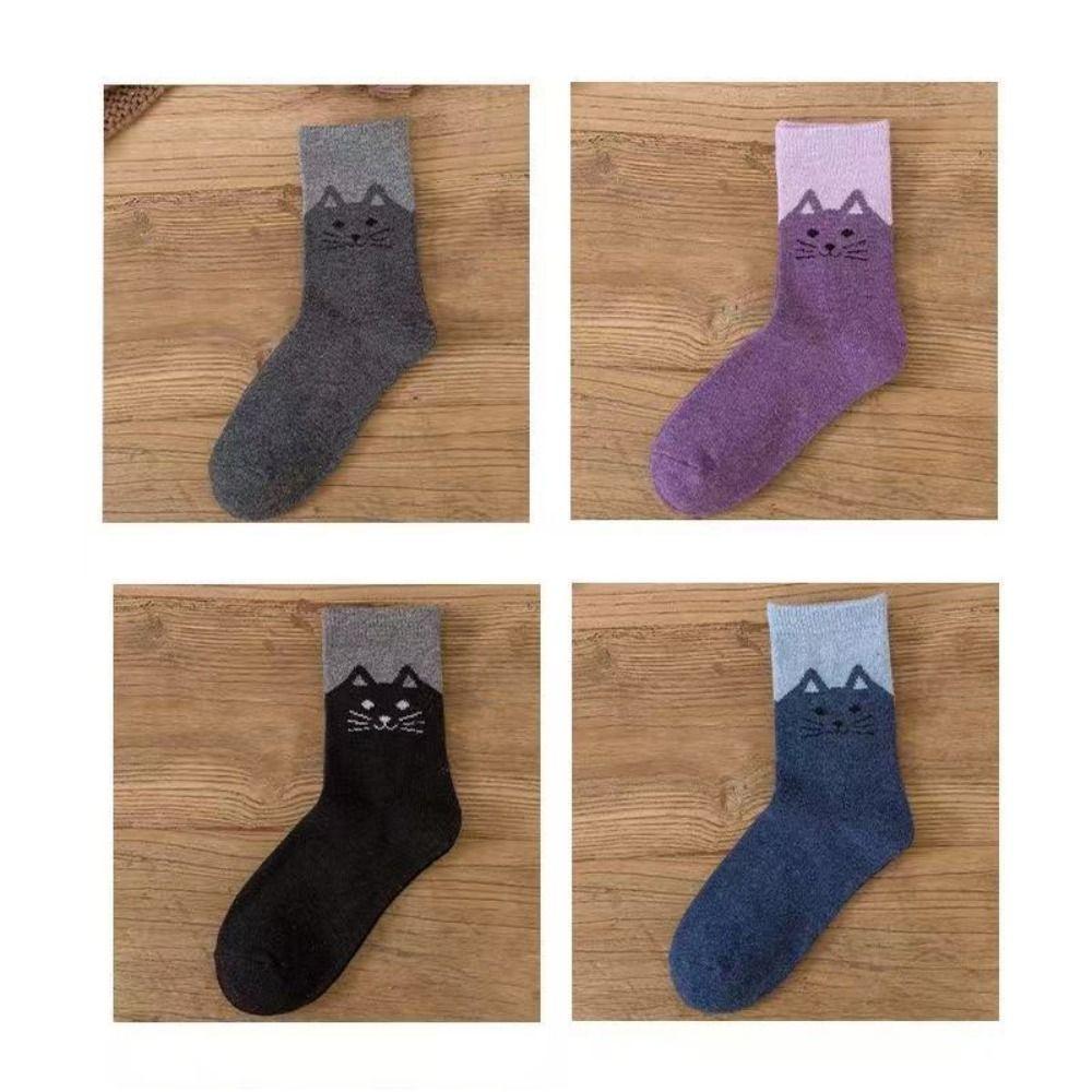 5 Pairs Elastic Cuff Mid Calf Socks Soft Breathable Cartoon Cat Socks Cotton Crew Socks For Women