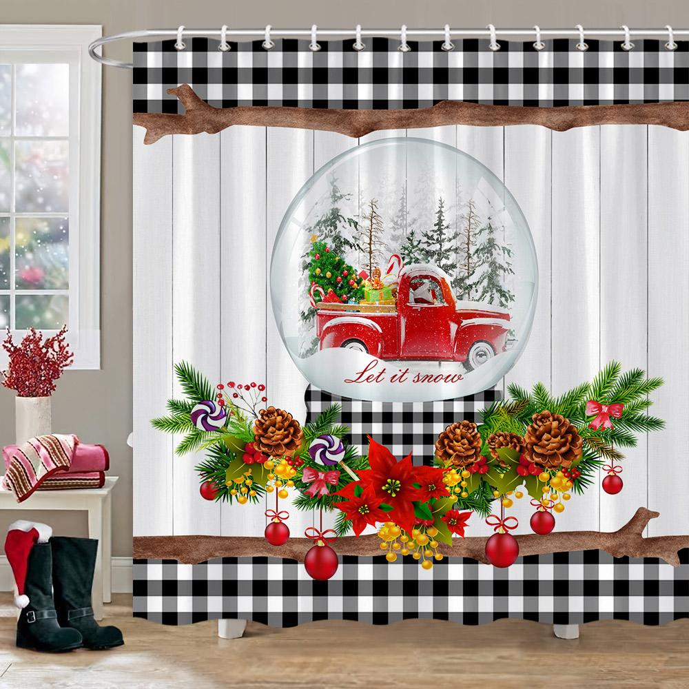 Winter Christmas Shower Curtain Red Truck Snowman Reindeer Snowy Farmhouse Bath Curtain Washable Polyester Fabric Bathroom Decor
