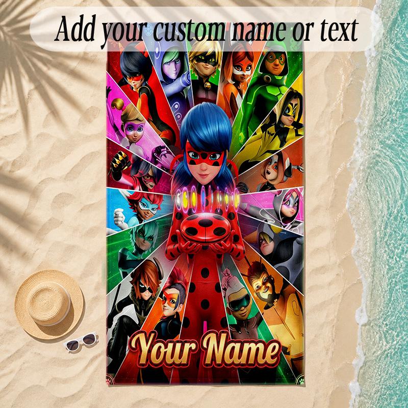 Beach TowelMiraculous Ladybug Custom Name Text Personalized Soft Towel for Beach Pool Indoor Home Decor Gift