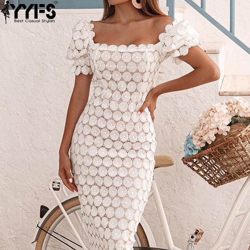 

YYFS женские модные летние весенние однотонные повседневные платья с коротким рукавом и квадратным воротником с высокой талией M белый