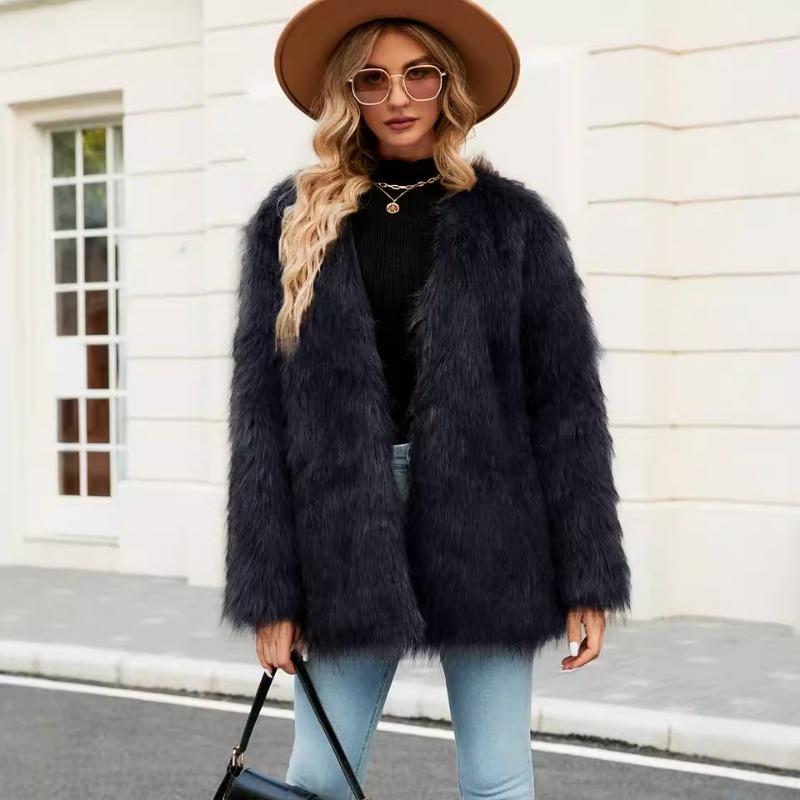 Autumn Winter V-neck Women's Faux Fur Jacket Warm Fashion Casual Short Top Oversize Coat Artificial Fur