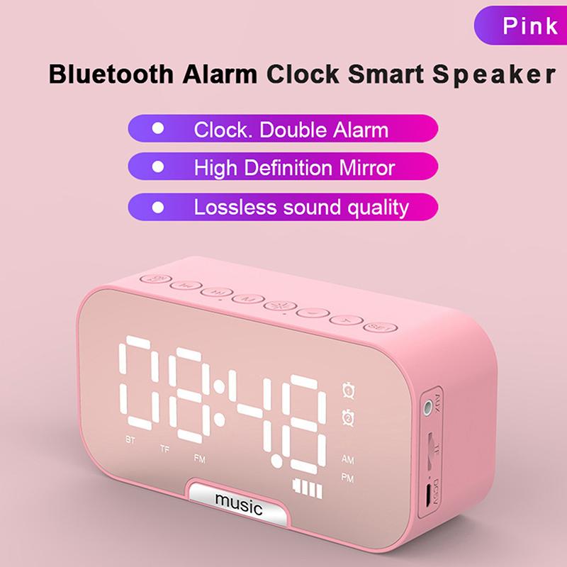 Digital Mirror Surface Alarm Clock With Bt Speaker Fm Radio Dual Alarms Electronic Desktop Clock Rechargeable Portable Player