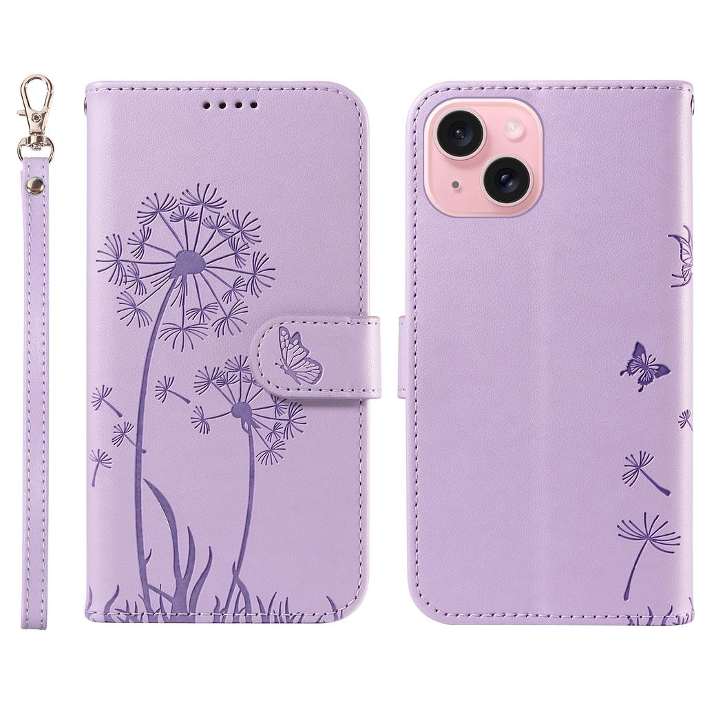 For iPhone 15 Leather Case Wallet Phone Cover Dandelion Imprint