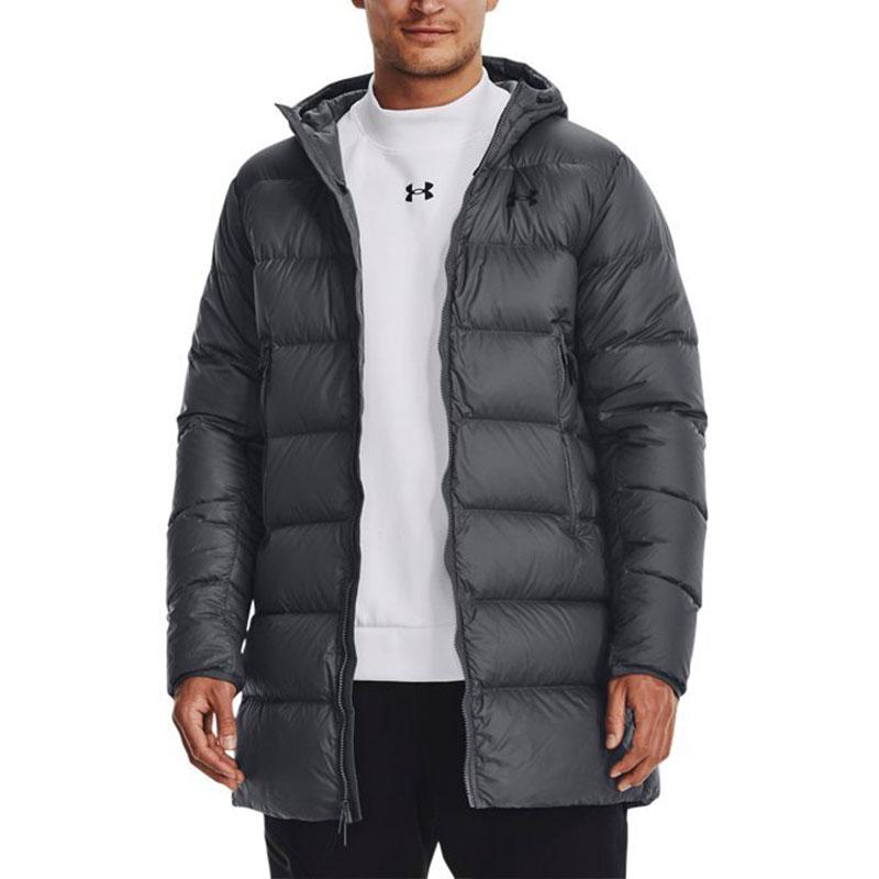 Under Armour Solid Mid-Length Hooded Down Jacket Men Outerwear Grey 1373663-012