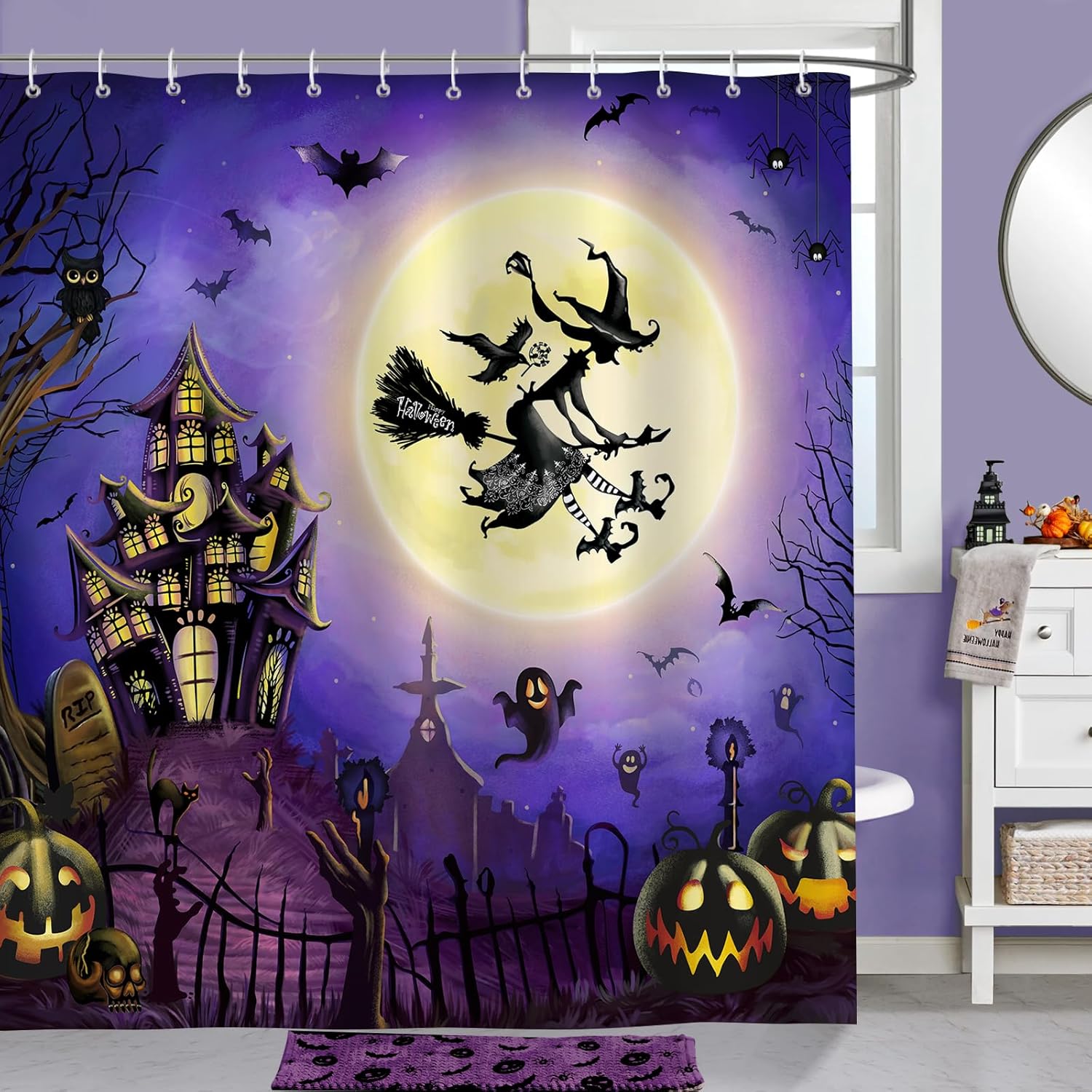 

Halloween Shower Curtain, Scary Night Witch Pumpkin Full Moon Haunted House Bathroom Curtain Polyester Fabric Waterproof W60H190(CM)-1 Pcs