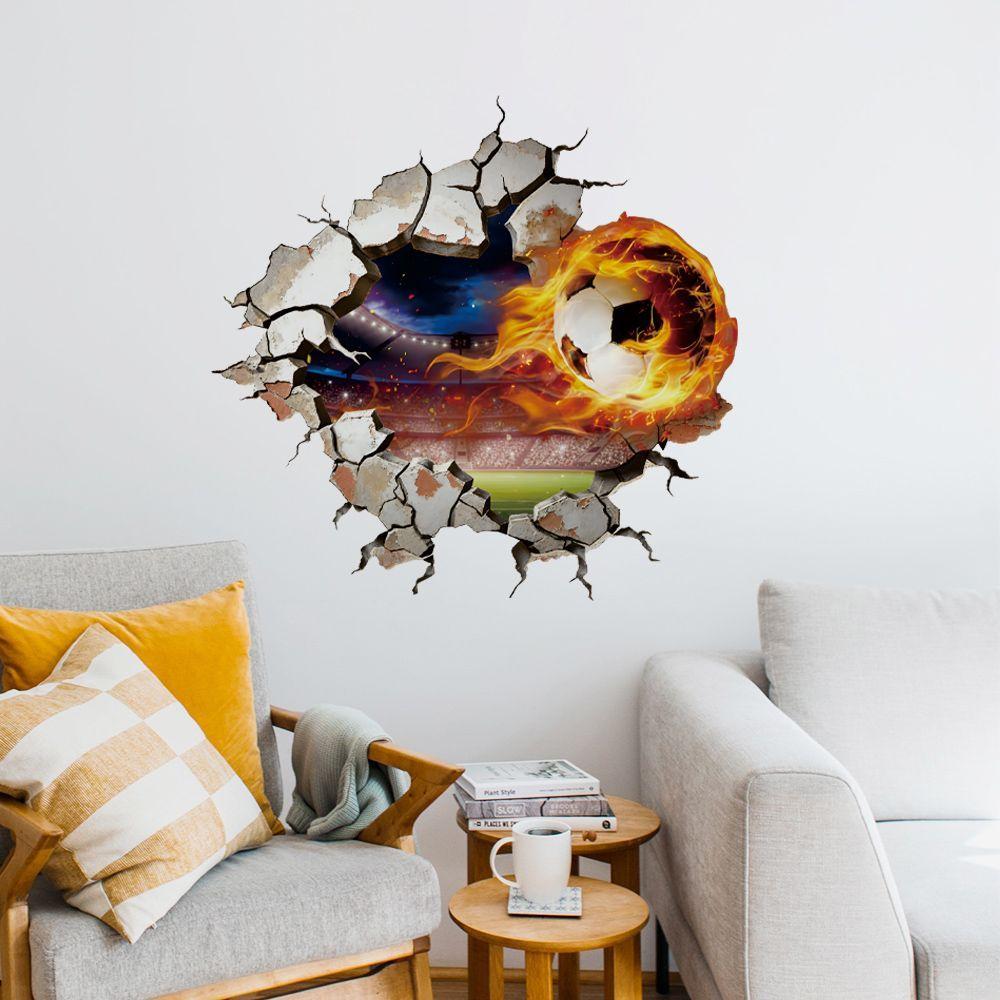 Simulated 3D Broken Wall Football Wall Sticker, Football 26 Theme Room Decorative Sticker, Children's Room Background Painting