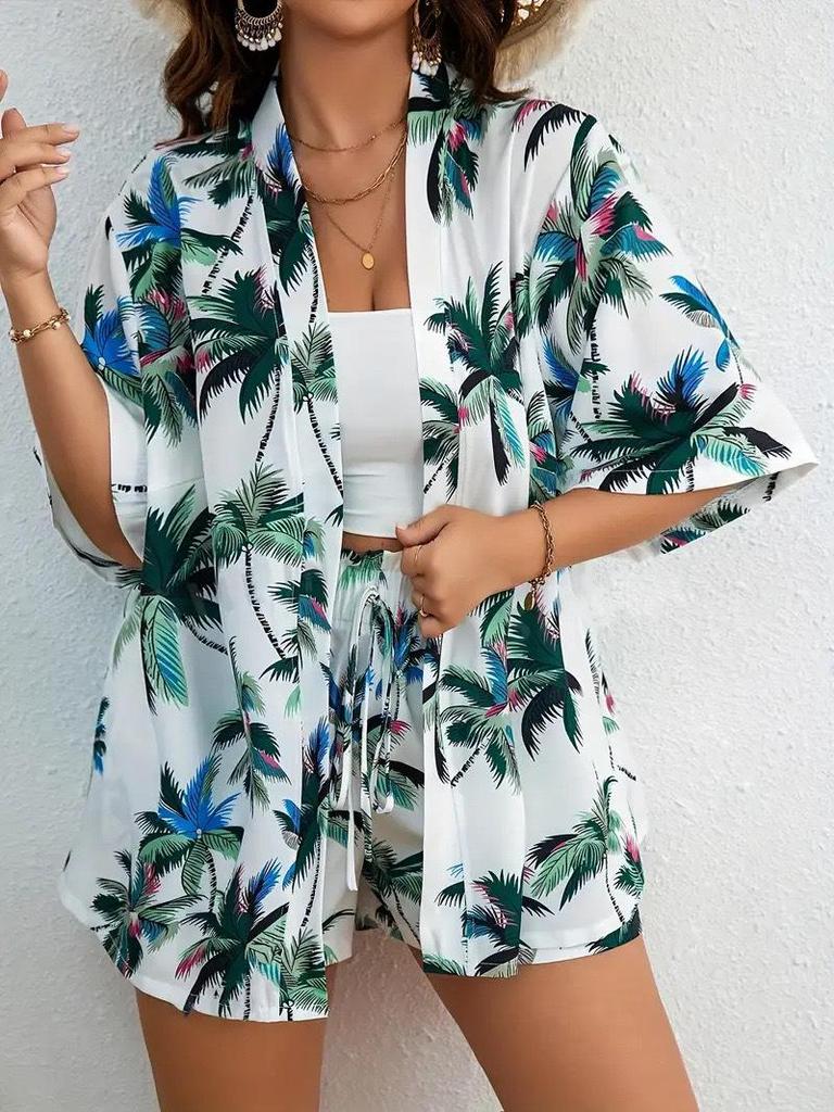 2025 Trendy Vacation Print Two-Piece Set: Elegant Short Sleeve Top & Tie-Waist High Waist Shorts