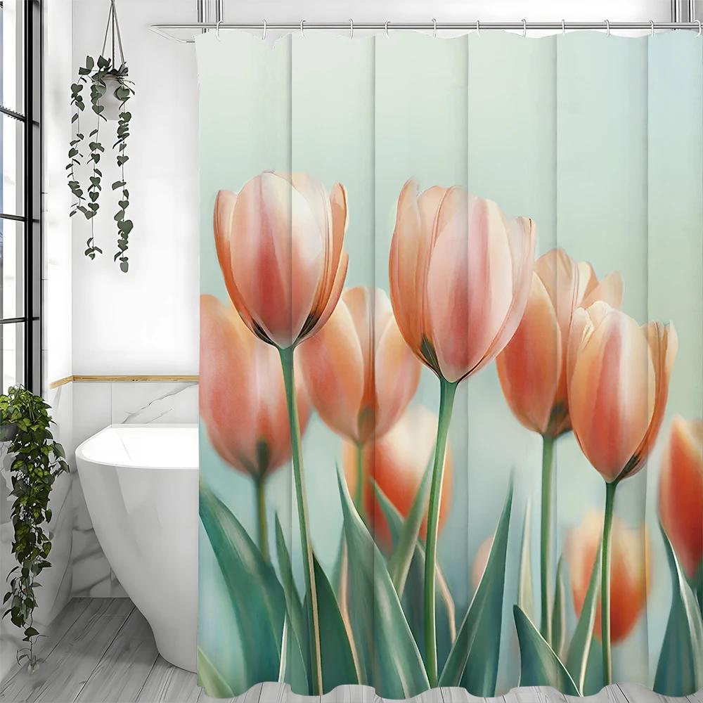 Mother's Day Tulip Shower Curtain, Bathroom Decorative Shower Curtain, Waterproof Shower Curtain with Hooks