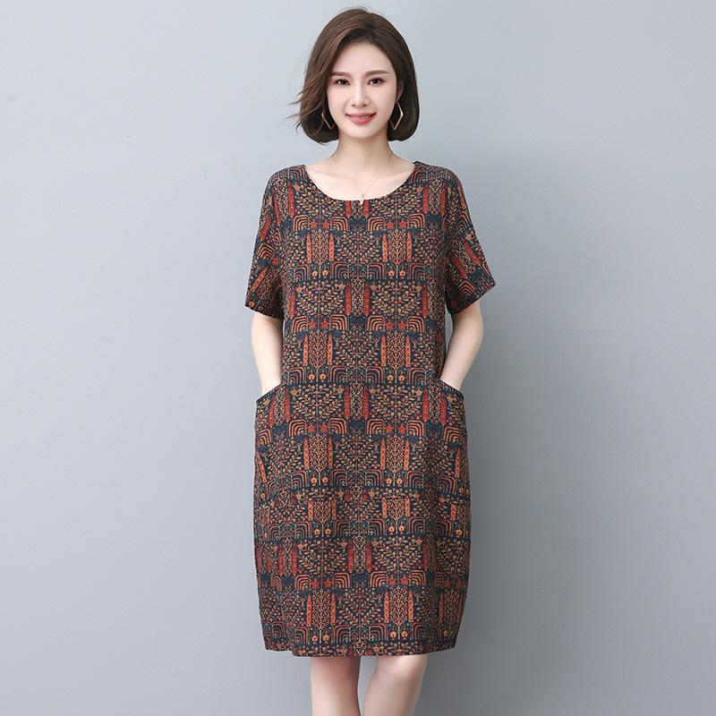 Summer 2025 Retro Print Cotton Linen Dress - Loose Fit for Middle-Aged and Elderly Women