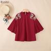 ZANZEA Women Casual Stand Collar Loose Pleated 3/4 Sleeve Print Blouse