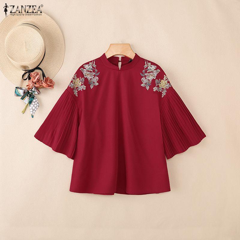ZANZEA Women Casual Stand Collar Loose Pleated 3/4 Sleeve Print Blouse