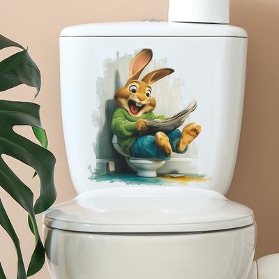 Funny Rabbit On Toilet Reading Newspaper Bathroom Wall Sticker Self-Adhesive Removable Easter Home Decor