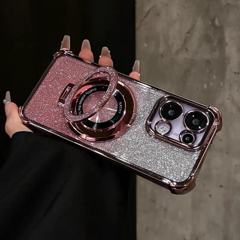 Glitter Magnetic Mirror Holder Case For OPPO A79 A2 5G A78 A38 A18 A17 A16 A15 A15S A3 PRO A76 A96 A57 2022 A54 A58 A53 A33 2020