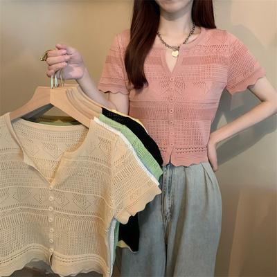 Summer New Women's Small Fresh V-neck Dew Waist Short Section Hollow Short-sleeved Knit Cardigan T-shirt Tops Casual Essential Slim Fit Pullovers Tees