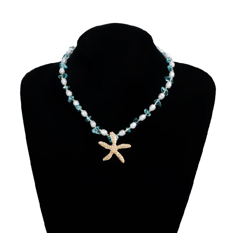 Multi Textured Starfish Pendant Necklace Combining Crystal And Pearls Charm For Layering Look Girls Clavicle Chain