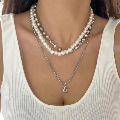 Gemengde Kleur Feestelijke Stijl Imitatie Parels Ketting Creatieve Ster Hanger Kralen Ketting
