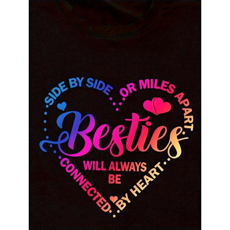 Europäische Größe Damen Schwestern Beste Freundin Regenbogen Buchstaben Druck T-Shirt | Herz Schmetterling Muster, Lässig Kurzarm, Rundhals, Ganzjahres-Wearable