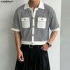 INCERUN Summer Men Lapel Short Sleeve Striped Print Patchwork Button Up Casual Crop Shirts