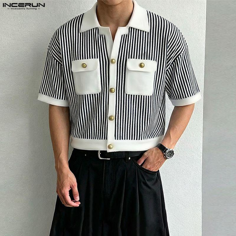 INCERUN Summer Men Lapel Short Sleeve Striped Print Patchwork Button Up Casual Crop Shirts