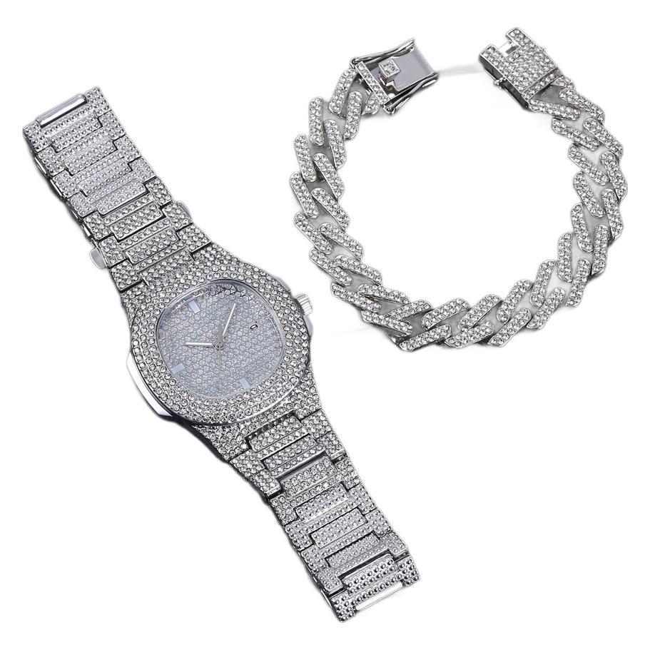 Starry Sky Diamond Wristwatch & Bracelet Set - Unisex, Hip Hop Style, Full Diamond Steel Band, Calendar Feature.