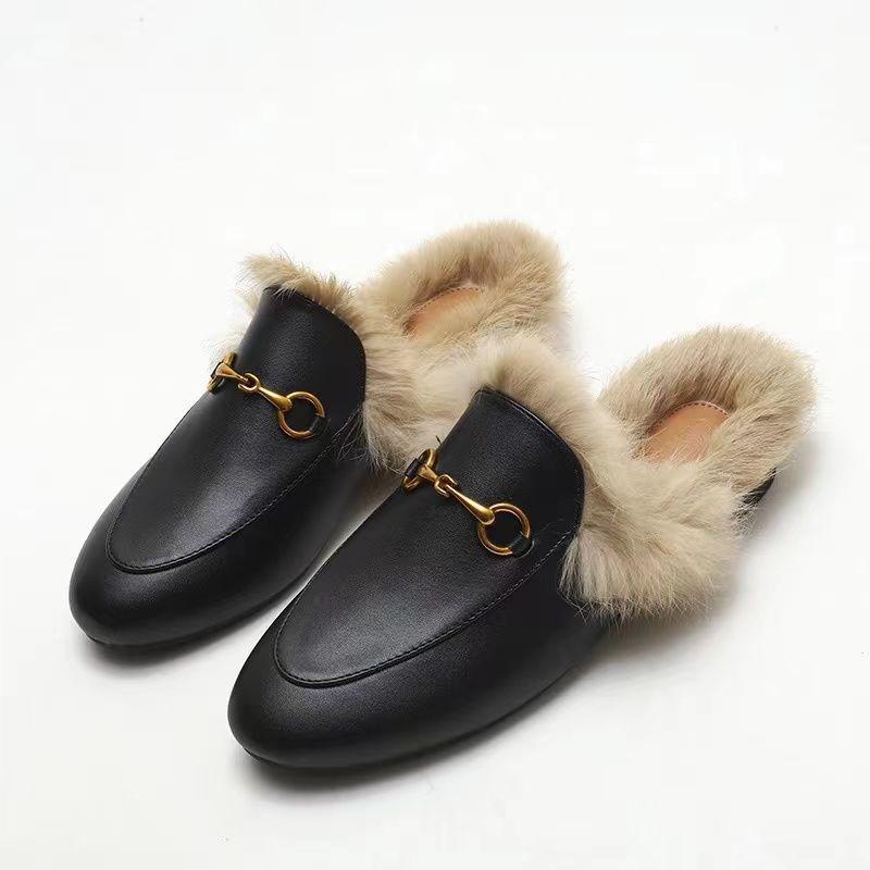 2025 Women's Genuine Leather Furry Half-Slippers with Horsebit Strap - Warm Autumn/Winter Shoes