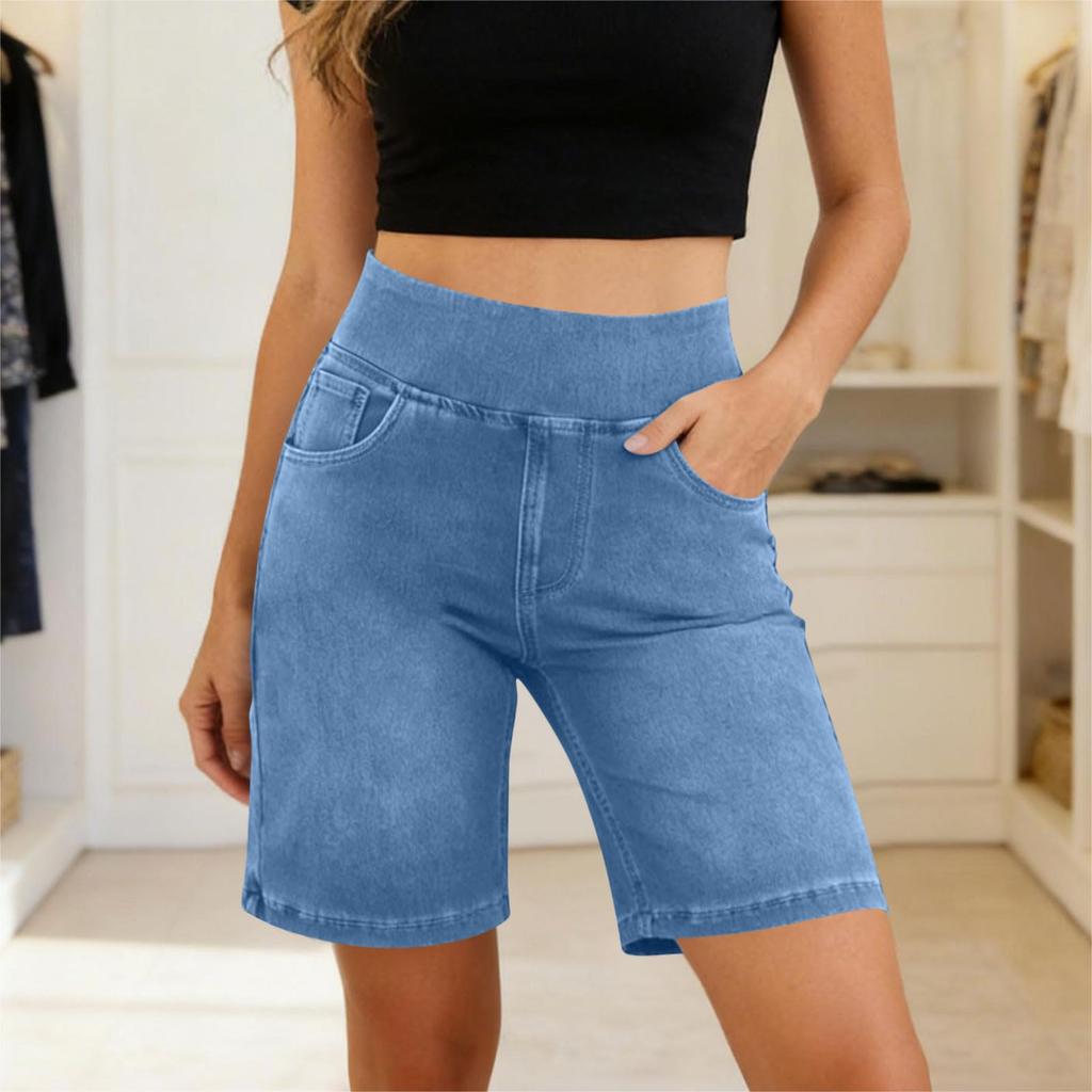 Women's High Waist Stretch Denim Shorts Elastic Waistband Casual Mid Thigh Length Jean Shorts with Pockets Soft Fabric