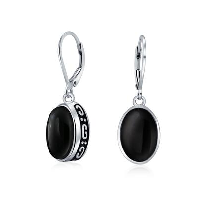 Einfache Western-Stil gefärbter schwarzer Onyx Kuppel oval Zargenfassung Hebelverschluss Hängeohrringe Damen Sterlingsilber 3,2 Karat .925