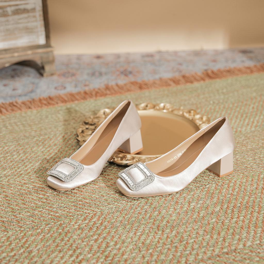 Beautiful with skirt and outer wear Guangzhou thick heel high heels women's sheepskin pad square head solid color satin women's shoes spring