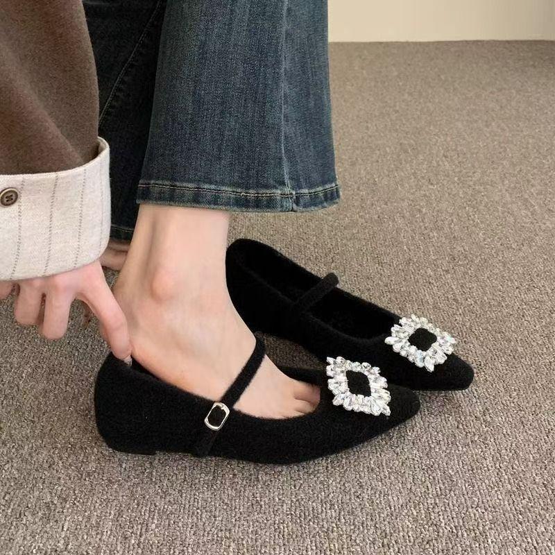 2025 Winter New Inner Height Increase Gray Outer Wear Mary Jane Fluffy Shoes Women's Rhinestone Single Shoes Thick-soled Velvet Cotton Shoes
