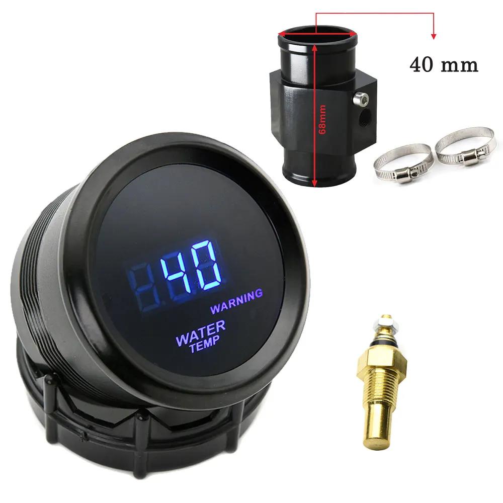 52mm Wassertemperaturanzeige Blaue LED-Beleuchtung mit 16mm-40mm Anschlussrohr-Adapter Schwarz/Blau mit Wassertemperatur 1/8NPT Sensor