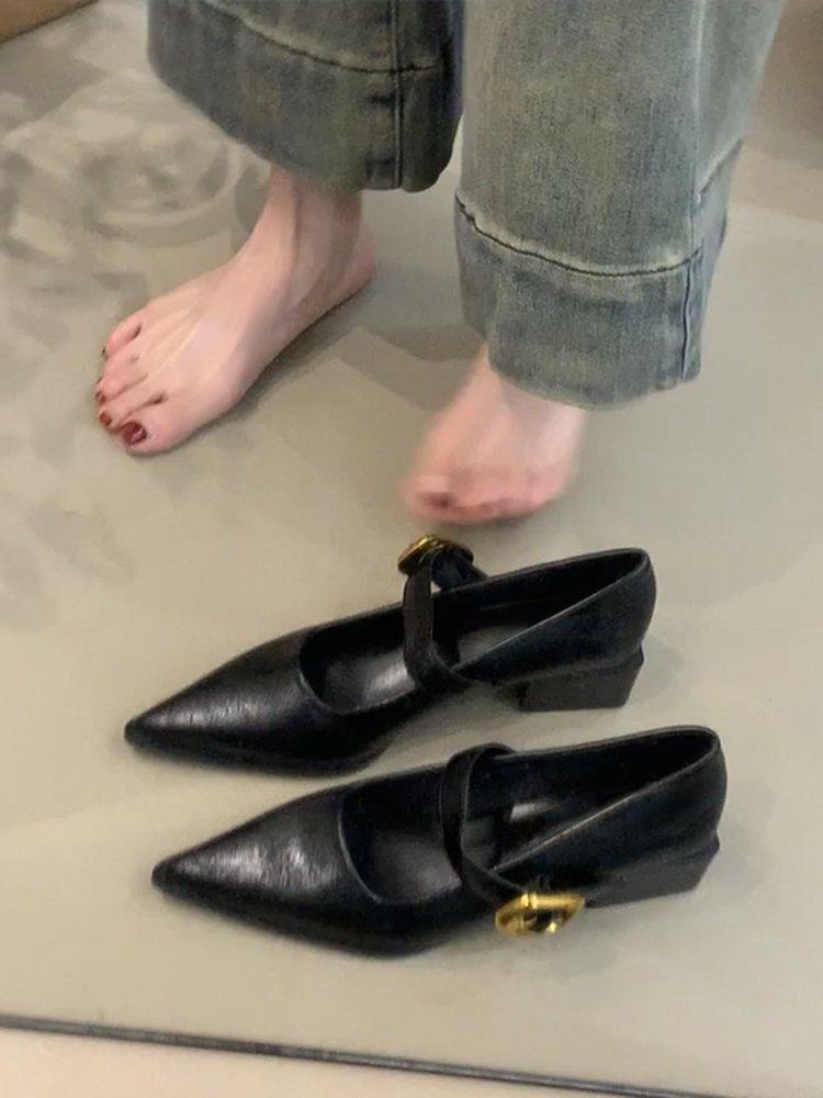 

Soft leather version~ retro pointed thick heel casual single shoes women s black temperament high heels one-word buckle Mary Jane shoes 35