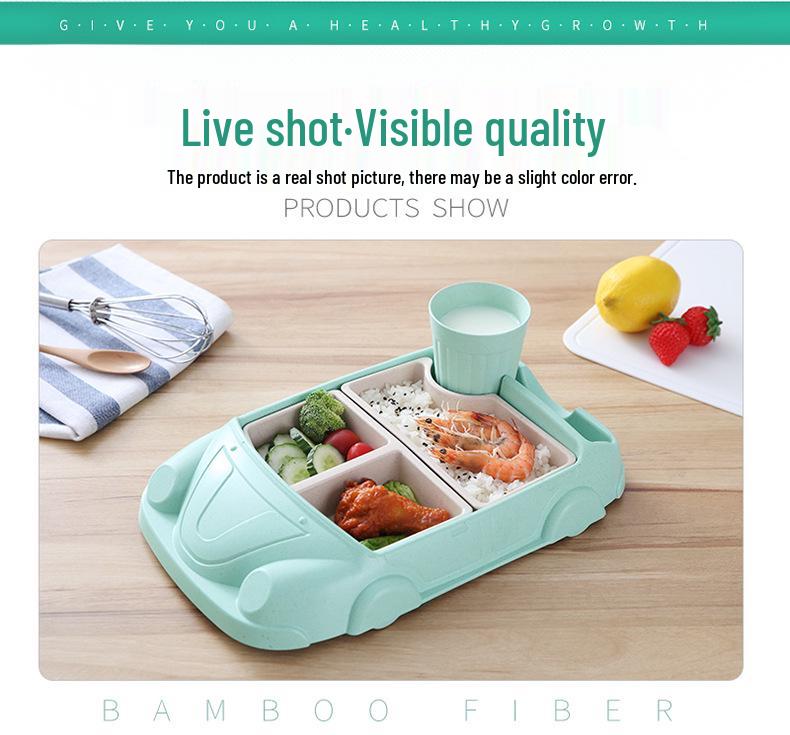 Car-Shaped Bamboo Fiber Children's Plate with Three Compartments & Water Cup - Durable, Anti-Fall Design for Baby Meals
