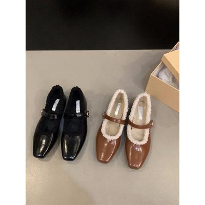 Flat Autumn and Winter Plush Cotton Shoes Single Shoes Women's Shoes 2024 New Square Head Black Mary Jane Evening Shoes
