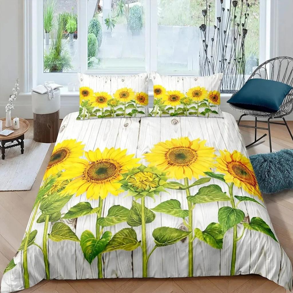 Sunflower Duvet Cover Set Full Size for Girl Yellow Flower Bedding Set Botanical Floral Comforter Cover on Teal Wood Quilt Cover