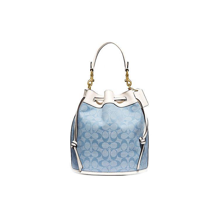 Coach 23 Frill Print Drawstring Canvas And Leather Tote Shoulder Crossbody Bag Medium Women bags White Denim-Blue C4693-B4SUX