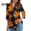 Women Shirt V-neck 3/4 Roll-Up Sleeves Lightweight Tops Flower Print Flowy Hem Tunic Tops Daily Wear