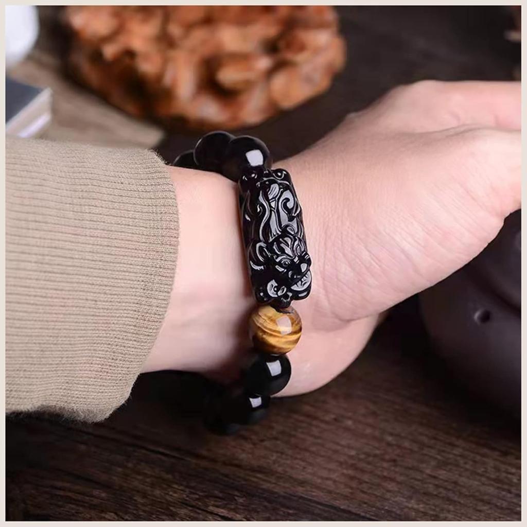 Black Obsidian Wealth Bracelet, Feng Shui Pixiu & Tiger Eye Stone, Unisex Design
