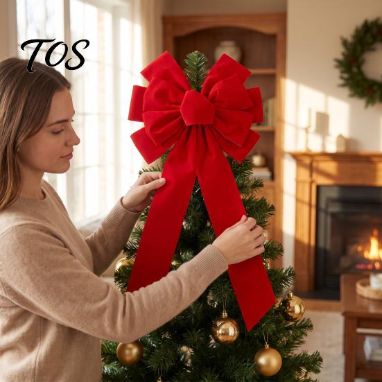 Christmas Door Hanging Bow Large Velvet Bow, Red Plush Wreath Holiday Tree Topper Outdoor Weather Resistant Decor Ornament for Valentine's Day, Home,