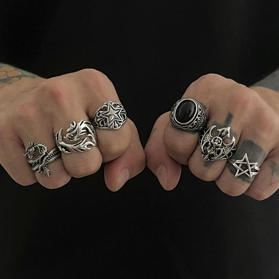 Punk Gemstone Skull Ring Set for Men High-End Hip-Hop Niche Dragon-Shaped Ring Men's Jewelry