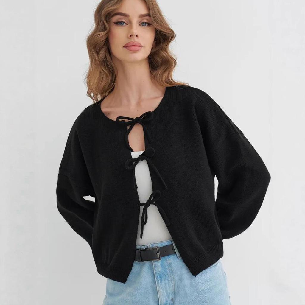 2025 Autumn/Winter European and American Women's Casual Loose Cardigan Tie Solid Color Knitted Sweater