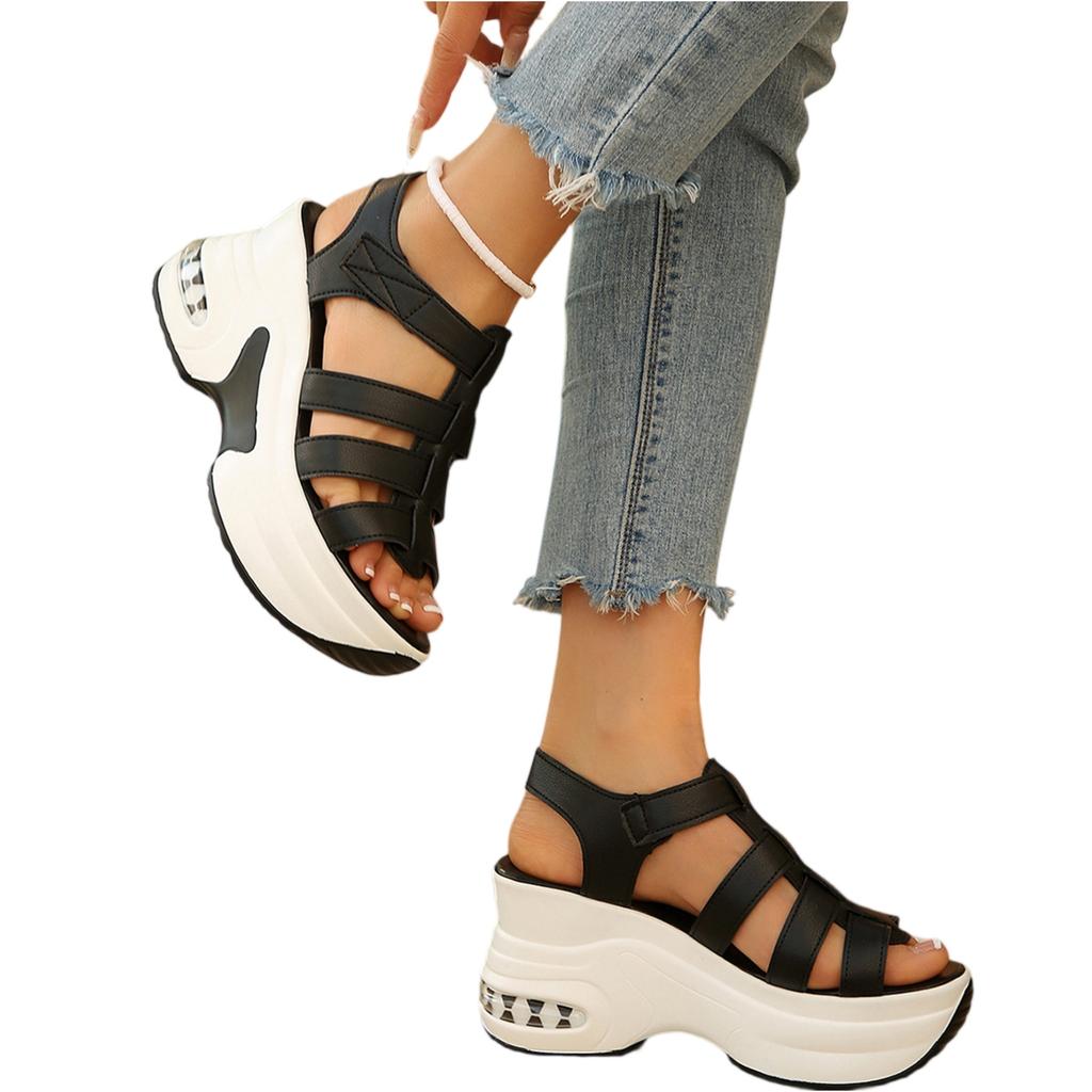 Summer Women Wedge Sandals Open Toe Air Cushion Platform Thick Sole Hook and Loop Closure Lightweight Breathable Casual Shoes