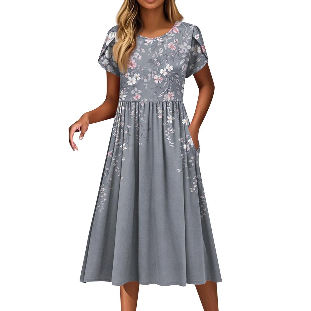 Women's Fashion Casual Loose Floral Print Round Neck Pocket Short Sleeve Dress