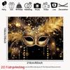 Golden Masquerade Mask Tapestry, Black Background with Feathers, Carnival Party Decor