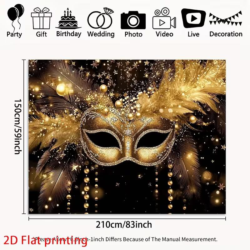 Golden Masquerade Mask Tapestry, Black Background with Feathers, Carnival Party Decor