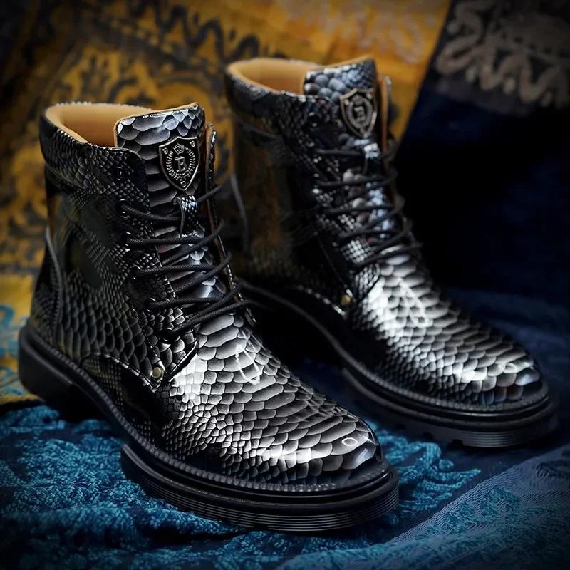 Fashion Men Chelsea Boots Business Pu Leather Slip on Vintage Snake Comfortable Ankle Boots Male Casual Boots Men Shoes