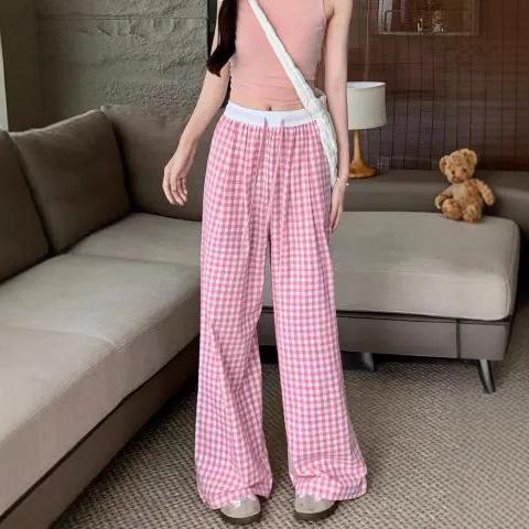 Summer three-color plaid loose casual pants women's thin versatile floor pants high-waisted lazy drape straight pants