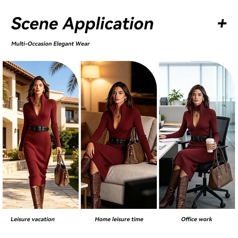 Rochie pulover midi cu nervuri pentru femei, gât în V, guler răsucit, mânecă lungă, mulată, croială slim, rochie de toamnă-iarnă cu curea inclusă