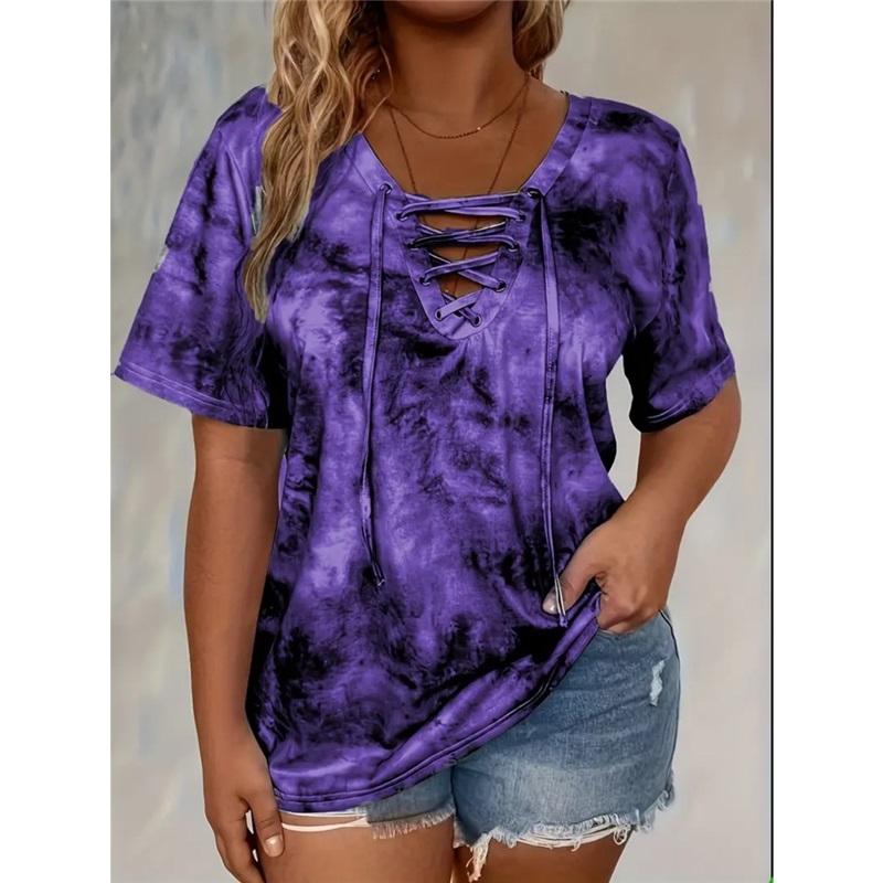 New Tie-Dye Print V-Neck Lace-Up Short Sleeve T-Shirt Polyester Knit Loose Plus Size Top Multi-Color Available