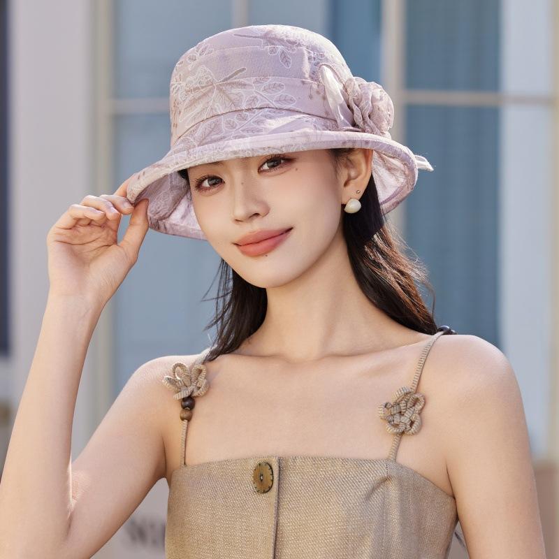 Sun Hat Lady Summer Fashion Embroidery Show Face Small and Light Sun Protection Bucket Hat Mother Beach Organza Hat