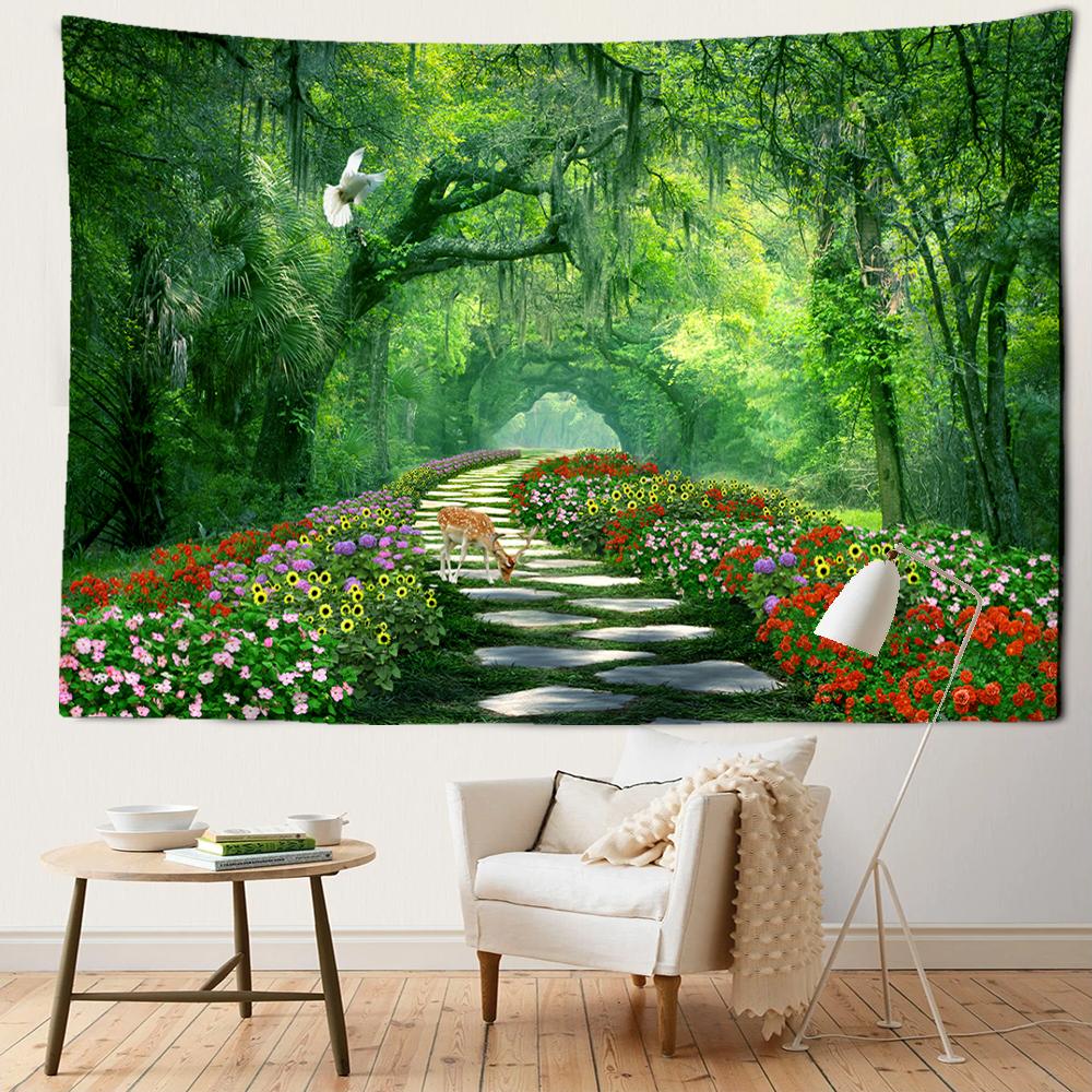 Deer Wildflower Forest Tapestry Wall Hanging Art Bohemian Modern Style Living Room Bedroom Background Cloth Home Decor